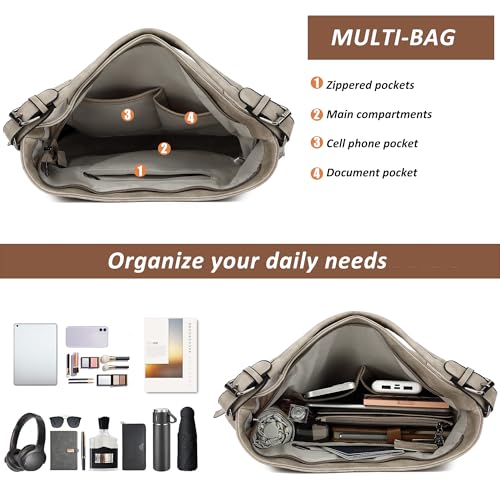 TANTOMI Hobo Bags Purses for Women, Women's Crossbody Handbags and Shoulder Bag, Multi-Pocket Large Hobo Purse - color: Grey