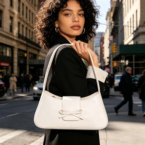 Shoulder Bags for Women Coquette Bow Purse Y2k Bag Small Cute Purses Mini Hobo Handbag Faux Leather Shoulder Purse - color: White