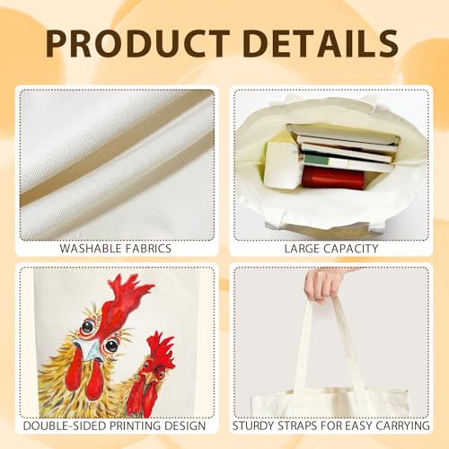 Inspirational Gifts Rooster Canvas Tote Bag for Women, Chicken Aesthetic Washable Reusable Grocery Bags for Women Lady Casual Vacation Gym Work Shopping -02