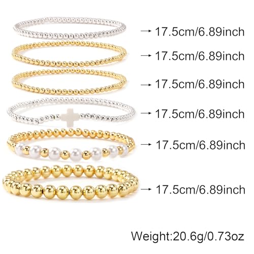 Silver Gold Beaded Bracelets for Women Stackable 14K Gold Plated Beads Ball Cross Bracelet Stack Non Tarnish Elastic Stretch Trendy Jewelry Christian Friendship Christmas Gifts for Women - color: 6pcs-White Cross