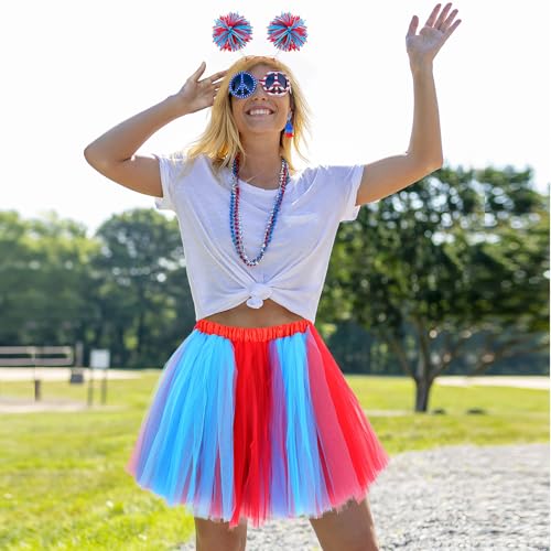 Hicarer 6 Pcs 4th of July Tutu Set Women Red White and Blue Accessories 250th Tutu Patriotic Costume Independence Day Favors - color: Red and Blue