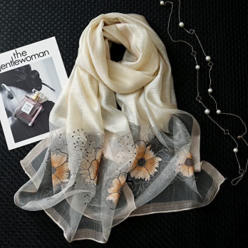 WINCESS YU Women Mulberry Silk Scarf Long & Large Embroidered Floral Pattern Shawl and Wraps Neckerchief for Hair & Neck - color: Sunflower White