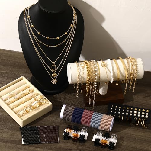 FAXHION 68 Pcs Gold Jewelry Set for Women with 7 Necklace, 17 Bracelet, 5 Hoop Earrings, 15 Stud Earrings, 24 Knuckle Rings for Women Jewelry Set for Women Gift - color: gold women jewelry