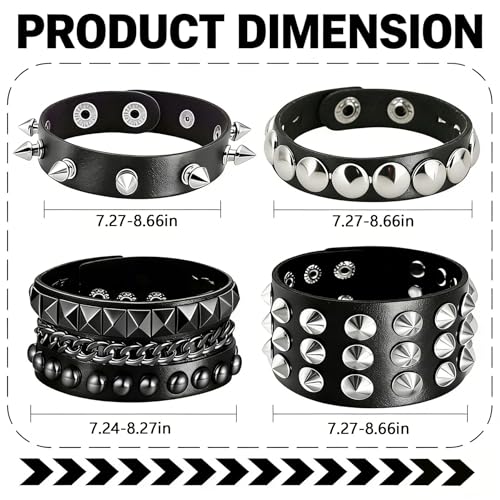 Handmade Black Leather Wrap Studded Bracelets for Women Men, 4Pcs Vintage Punk Wrist Cuff Bangle Wristband Emo Jewelry Gifts - style: Round Stud Style