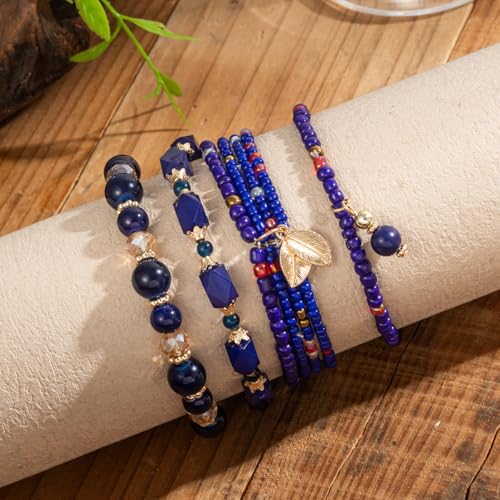 Caiyao 4Pcs Bohemia Multilayer Stackable Beaded Bracelets Set Colorful Crystal Stone Gold Beaded Stretch Bracelets Hawaii Charm Bracelet for Women Men Summer Beach Boho Vacation Jewelry Gifts - color: 7pcs dark blue