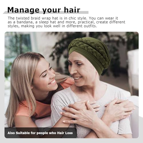 African Women Turban Caps Pre-Tied Twisted Turbans Head Scarf for Women Hair Wraps Cover Beanie Cancer Chemo Headwear - color: 2 Pack Double Twisted Braid: Black, Olive-green