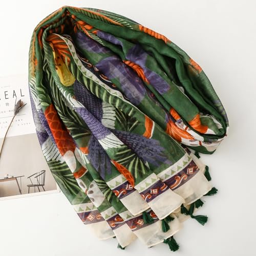 WaJuemy Travel Boho Scarf for Women Casual Lightweight Pashmina Scarves Fashion Multicolor Shawl Wraps with Fringed Beads - color: 62 Green Bird