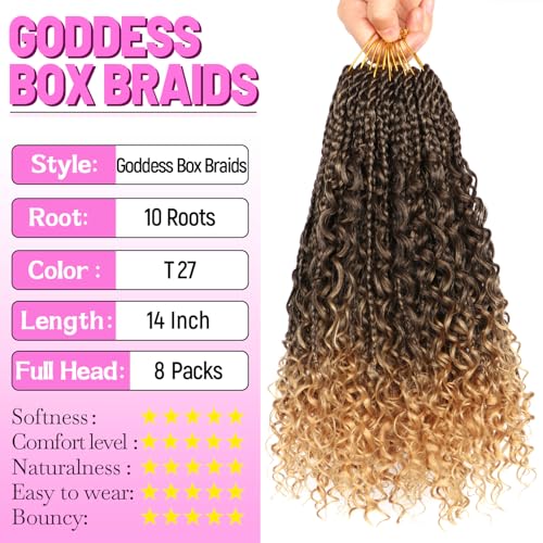Goddess Boho Box Braids Crochet Hair-8 Packs 14 Inch Crochet Box Braids for Black Women Pre Looped (T27, 14 Inch (Pack of 8)) - color: T27, size: 14 Inch (Pack of 8)
