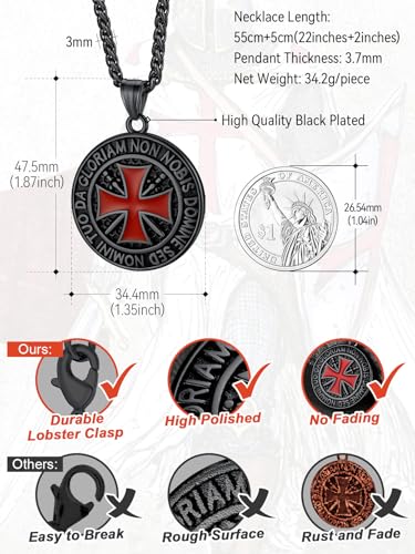 FaithHeart Knights Templar Necklace for Men, Christian Necklace for Men Stainless Steel Pendant Neckalces Christian Gifts with Gift Box - color: 01. Medal-Black