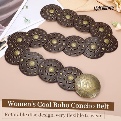 LEACOOLKEY Women's Boho Disc Belt Wide Western Leather Belt Vintage Concho Waist Belts for Dress Jeans - color: A-coffee, size: Fits 27"–33" (Waist/Hips), style: Style a