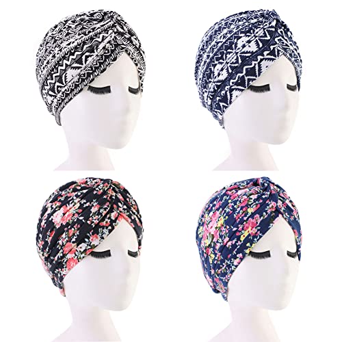 beauty YFJH Women's Cotton Turban Head Wrap Cancer Chemo Beanies Cap Headwear Cap Bonnet Hair Loss Hat - color: Ethnic Black/Ethnic Navy/Black Flower/Navy Flower