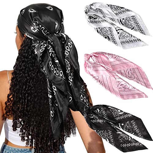 CHLINS 35" Satin Square Hair Scarf Bandanas - 3Pcs Large Silk Head Scarves Lightweight Sleeping Hair Wraps for Women - color: Black+white+pink