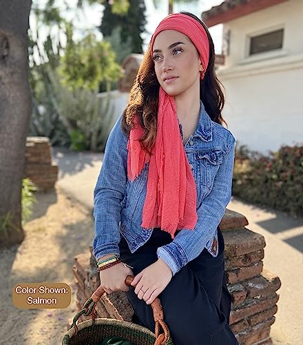 Humble Hilo Womens Woven Bohemian Style Gauze Scarf,Shawl, Head Wrap Fringed Edge Lightweight, Long Folds Small - color: Peach