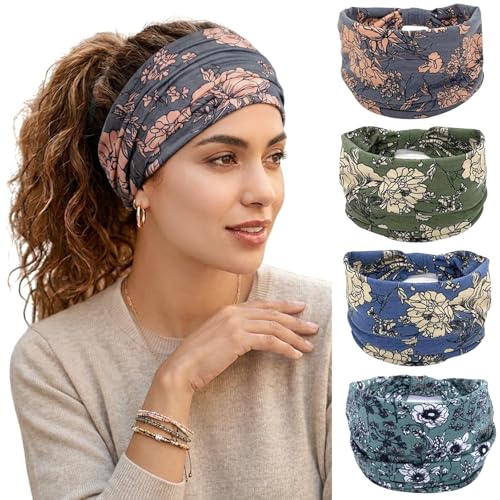 Wide Headbands for Women Non Slip Stylish Knotted Bandana Headhand Boho Head Bands African Head Wraps Yoga Workout Hair Wrap Accessories 4 Pack - color: 4 Pack Wide Headbands Flower Style 12