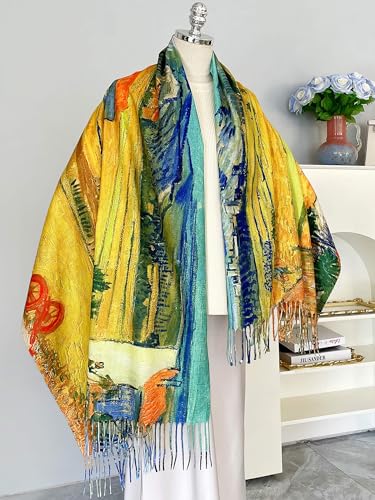 VENVSBEE Reversible Scarf Soft Large Shawl Wrap Blanket Double Sided Art Print Warm Pashmina Stoles Klimt Van Gogh Gifts - color: Art 19