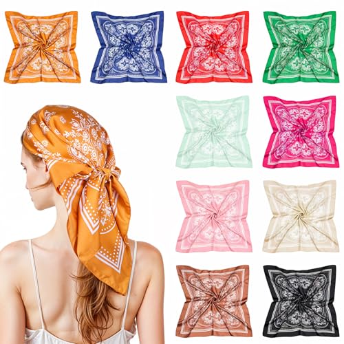 Dimeho 10Pcs 27.5 Inches Satin Head Scarf Square Silk Bandana Fashion Silk Hair Wrap Neck Scarf Boho Headwear for Women Girls