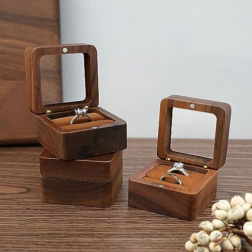 Wooden Ring box，Clear Skylight Ring Case,Solid Wood Square Jewelry Storage Box-ring bearer pillow for Wedding Ceremony, Engagement(Brown velvet) - color: Transparent skylight - 1 slot - Brown velvet