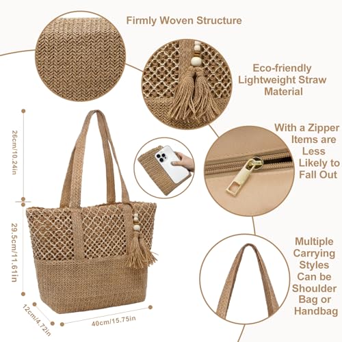 YAMEIZE Straw Woven Beach Shoulder Bags for Women Big Foldable Straw Tote bag Lightweight Raffia Bag with Zipper Summer - color: Beige