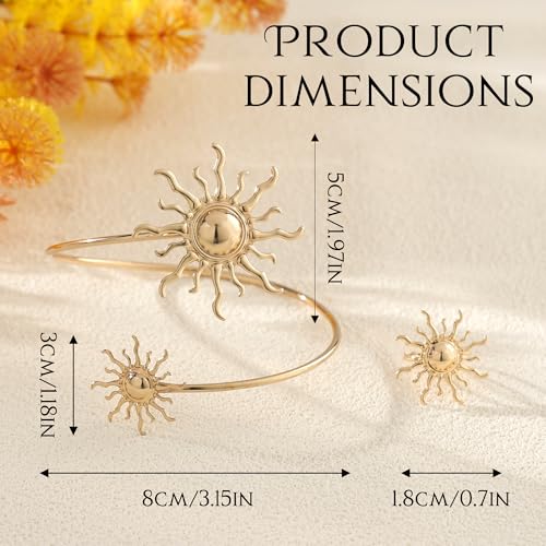 Gold Arm Cuff with Ring, 2 Pcs Open Upper Arm Bracelet and Ring with Rhinestones, Adjustable Metal Armband Jewelry Set - color: Sun