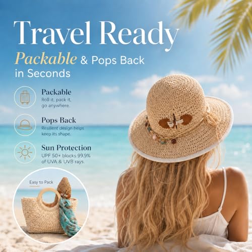 TOP-EX chicpony™ Cooling UPF 50+ Wide Brim Beach Hand Crochet Straw Hat - color: Natural, size: Large