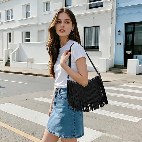 Fringe Shoulder Bag for Women Underarm Suede Western Hobo Purses and Handbags Trendy Crossbody Purse with Tassel - color: Black
