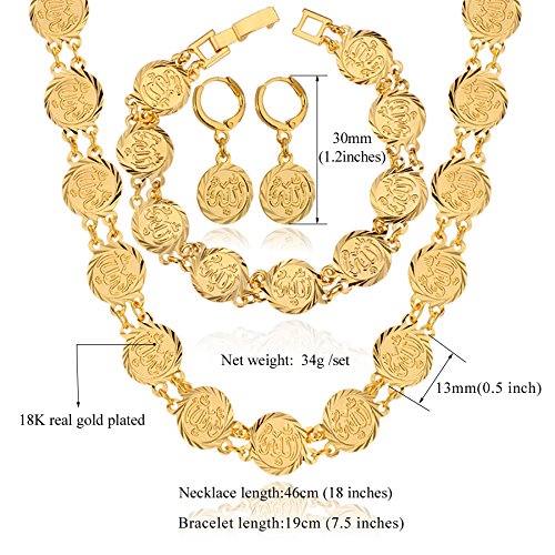 U7 Allah Necklace for Women/Men, 18K Gold Plated Square/Oval/Coin/Heart/Crescent Moon Islamic Pendant Necklace Muslim Jewelry with Chain - color: 06.Coin Necklace+Bracelet+Earrings Gold