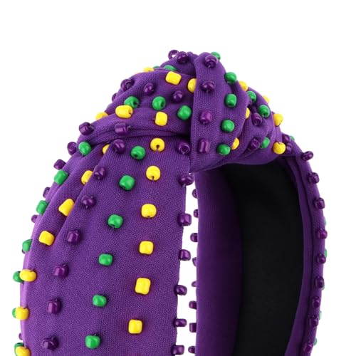 YISSION Mardi Gras Knotted Beaded Wide Headband for Adults - Purple Green Yellow Festival Hair Accessory for Parade, Costume Party & Celebration - color: Purple,Yellow,Green