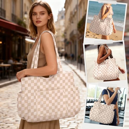 Corduroy Tote Bag for Women,Large Capacity Cute Tote Bags With 6 Pockets,Crossbody Shoulder Handbag for Work Travel Gym - color: Khaki Grid-a