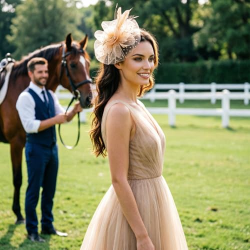 DRESHOW Fascinators Hat Flower Mesh Ribbons Feathers on a Headband and a Clip Tea Party Headwear for Girls and Women - color: 7" Diameter / Gold