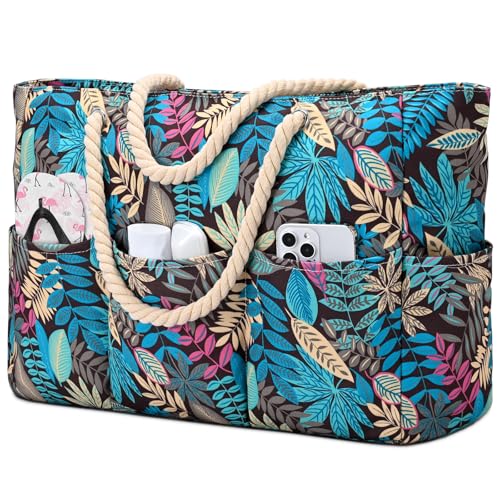 Becokan Beach Bags for Women Canvas Large Beach Tote Bag Zipper Waterproof Sandproof Foldable Swim Pool Bag with 7 Pockets - color: Leaves