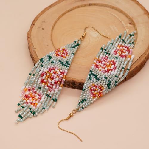 Flower Black Beaded Long Tassel Western Native American Earrings For Women Dangling - color: rose