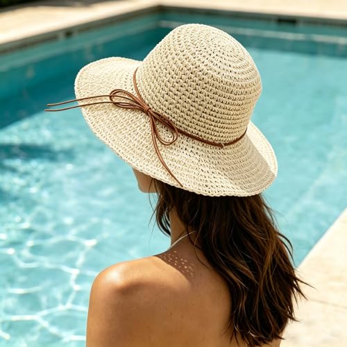 Straw Bucket Hat for Women Foldable Summer Beach Sun Hats Wide Brim Crochet Floppy Hat for Vacation Travel Shade & Style - color: Beige-c