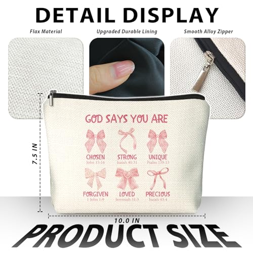 God Says You Are Pink Christian Makeup Bag, Coquette Pink Bow Preppy Cosmetic Bags for Women, Inspirational Christian Gifts for Women, Preppy Aesthetic Zipper Makeup Pouch - color: 01-God Says You Are