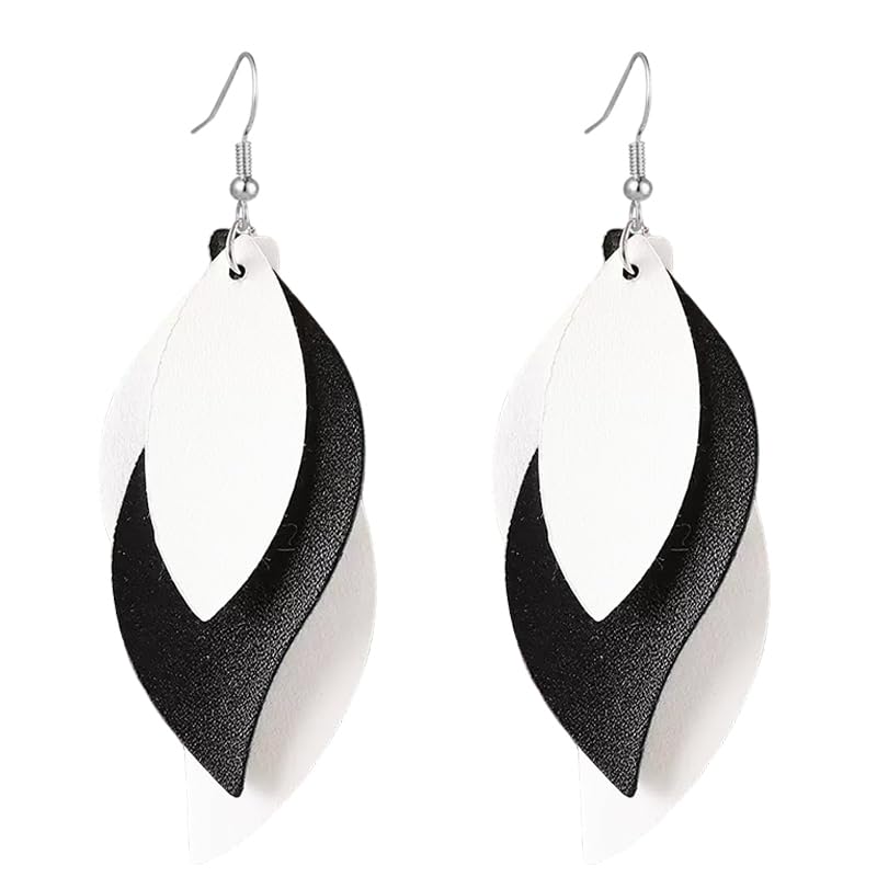 ANXIN boho unique Leather Earrings 2 Layered Lightweight Faux Leather Leaf Earrings Layered Design Drop Earrings Gift for Women - color: White Black White