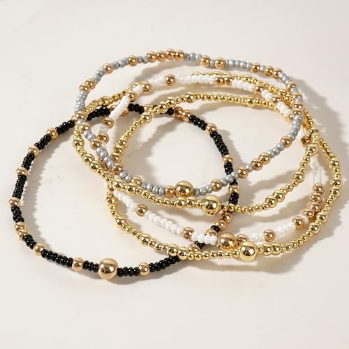 14K Gold Plated Beaded Bracelets Stack Set for Women,Stretch Boho Colorful Beads Ball Jewelry Friendship Summer Trendy - color: White ball