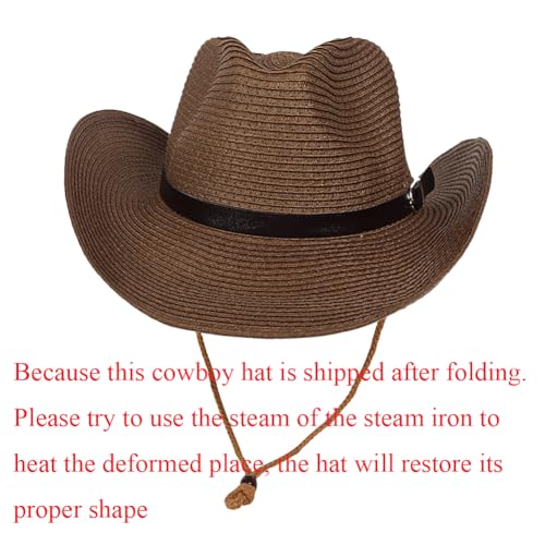 Wide Brim Straw Cowboy Hat for Men Women Western Cowgirl Sun Hat Packable UPF 50+ Beach Cap Shapeable Fedora Panama Cap - color: Coffee