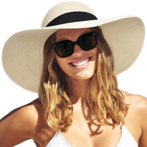 FURTALK Womens Sun Straw Hat Wide Brim UPF 80 Summer Hat Foldable Packable Floppy Beach Hats for Women - color: Beige, size: Medium-Large