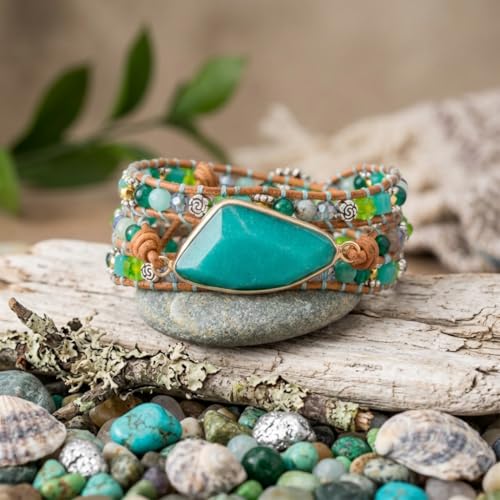 YGLINE Natural Stone Bracelet 5 Wraps Bracelet Handmade Blue Color Boho Bracelet for Women Bracelet - color: green