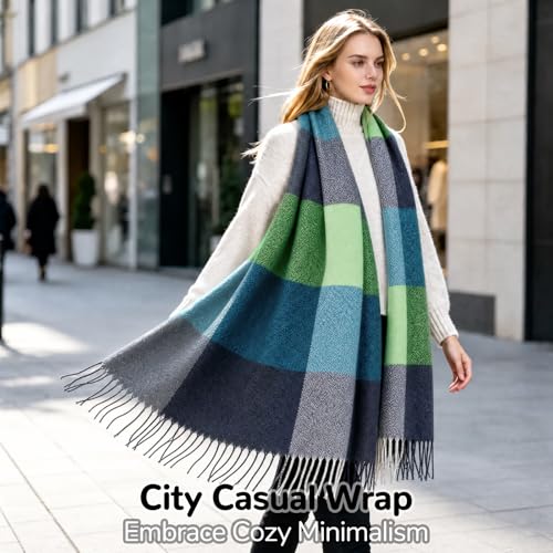 Loritta Womens Scarf Fashion Long Plaid Shawls Wraps Big Grid Winter Warm Lattice Large Scarves Gifts - color: J-green Water Blue Plaid