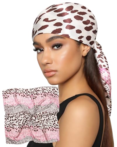 AWAYTR 35” Satin Head Scarf for Women Like Silk Scarf for Hair Scarf Satin Hair Bandana Women Headscarf Hair Wrap Scarf Neck - color: Leopard -Pink
