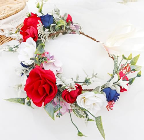 Vivivalue Wedding Floral Crown Women Flower Headband Hair Wreath Floral Headpiece Halo Boho with Ribbon Party Prom Festival Photos - color: D