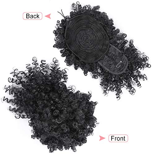 Drawstring Ponytail with Bangs Afro Puff Ponytail Extensions for Women Short Curly Puff Ponytail with Bangs Clip in Wrap Updo Hairpiece for Women(1B) - color: 1B