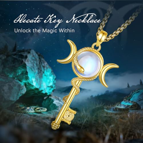 INFUSEU Mystical Hecate Triple Moon Goddess Necklaces, Divine Feminine Protection Gifts - style: Moonstone Hecate Key - Gold