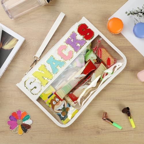 Clear Snack Bag for Travel, Chenille Letter Clear Zipper Snacks Pouch Nylon Cosmetic Bag Makeup Travel Bag for Women - color: White