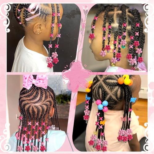 NAISKA 60Pcs Hot Pink Flower Kids Hair Beads Cute Beads for Hair Tiny Hair Beads for Braids Small Pony Dreadlock Beads Loc Beads Acrylic Beads Girls Braid Clips Accessories - color: Pink, Rose Red