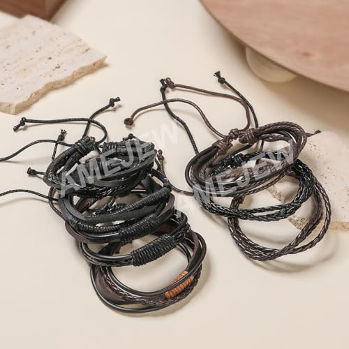 36Pcs Braided Leather Bracelets for Men Women Wrap Wood Beads Cuff Bracelet Hemp Cords Ethnic Tribal Handmade Wrap Wristband Bracelets Set Adjustable