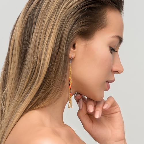Native Long Beaded Tassel Earrings for Women, Boho Handmade Colorful Beads Statement Dangle Earing Prom Jewelry Gift. - color: Tan