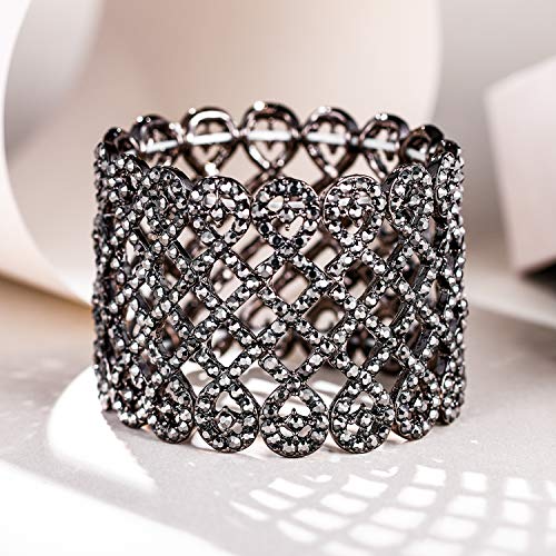 EVER FAITH Art Deco Love Knot Wide Stretch Bridal Bracelet Austrian Crystal - color: Black Black-Tone