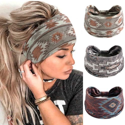 FULZTEY Boho Headbands for Women Fashion Wide Head Bands Floral Print Hairbands Large African Knotted Headwrap Elastic Sport Yoga Workout Turban Thick Cloth Bandanas for Hair Accessories 3Pcs - color: Style 112