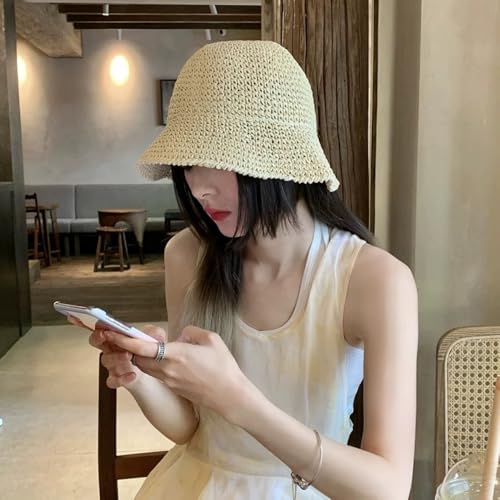 Womens Floppy Straw Sun Hat Packable Wide Brim Summer Beach Hat Foldable Crochet Bucket Hats - color: Begie 2